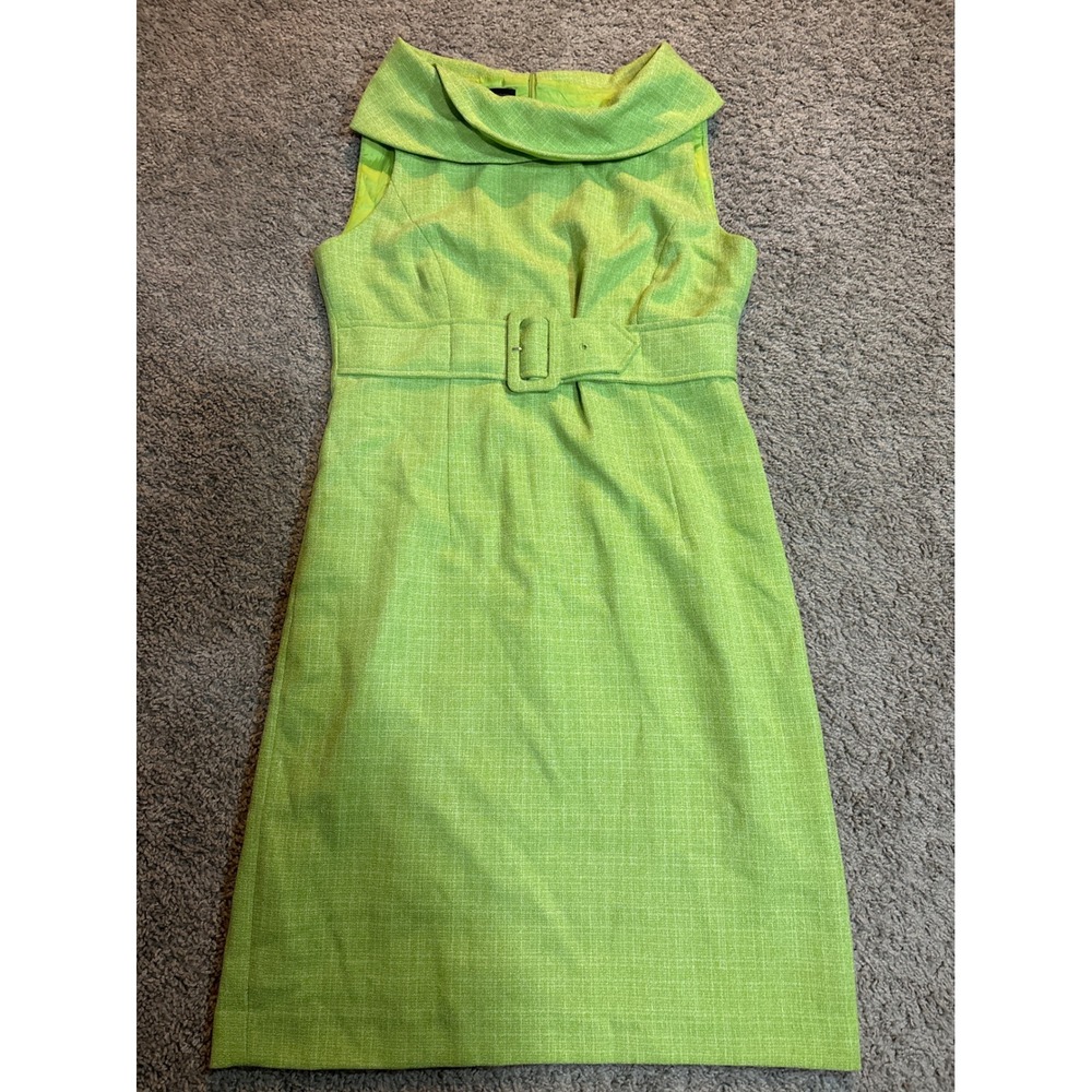 Y2K Madison Sleeveless Portrait Collar Belted Sheath Dress Lime Green 8 Retro